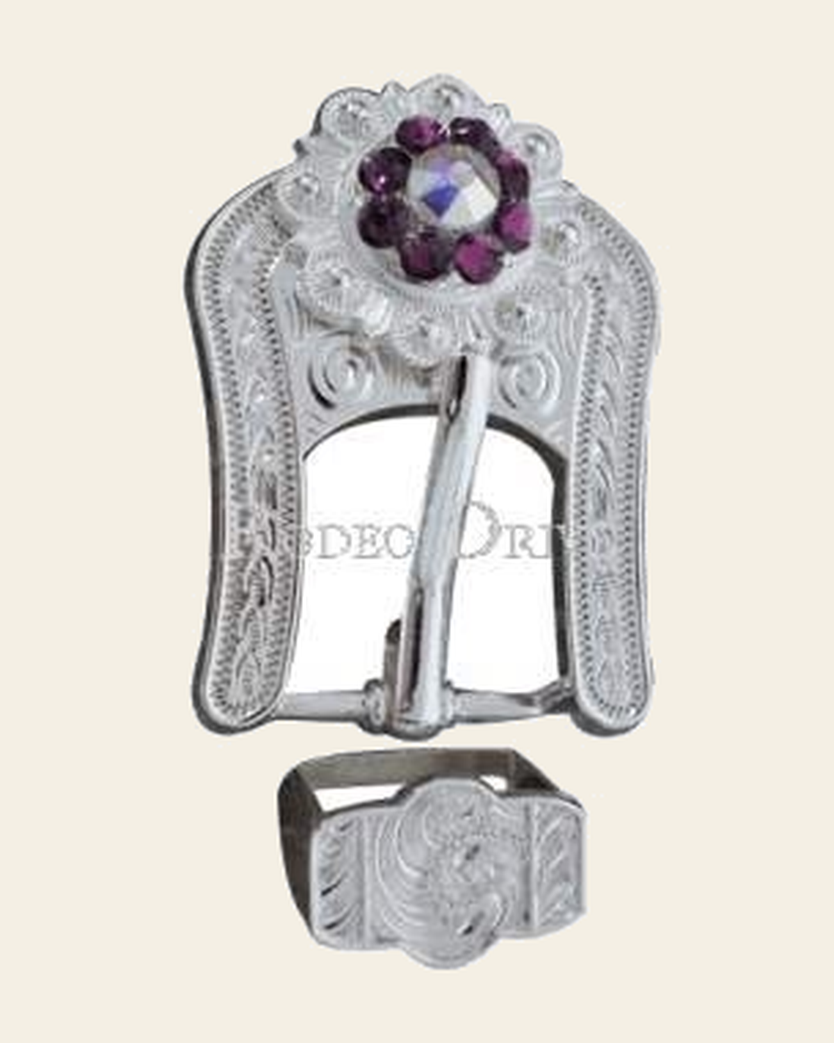 Purple & AB Bright Silver European Crystal Buckle Keeper Set on a warm cream background