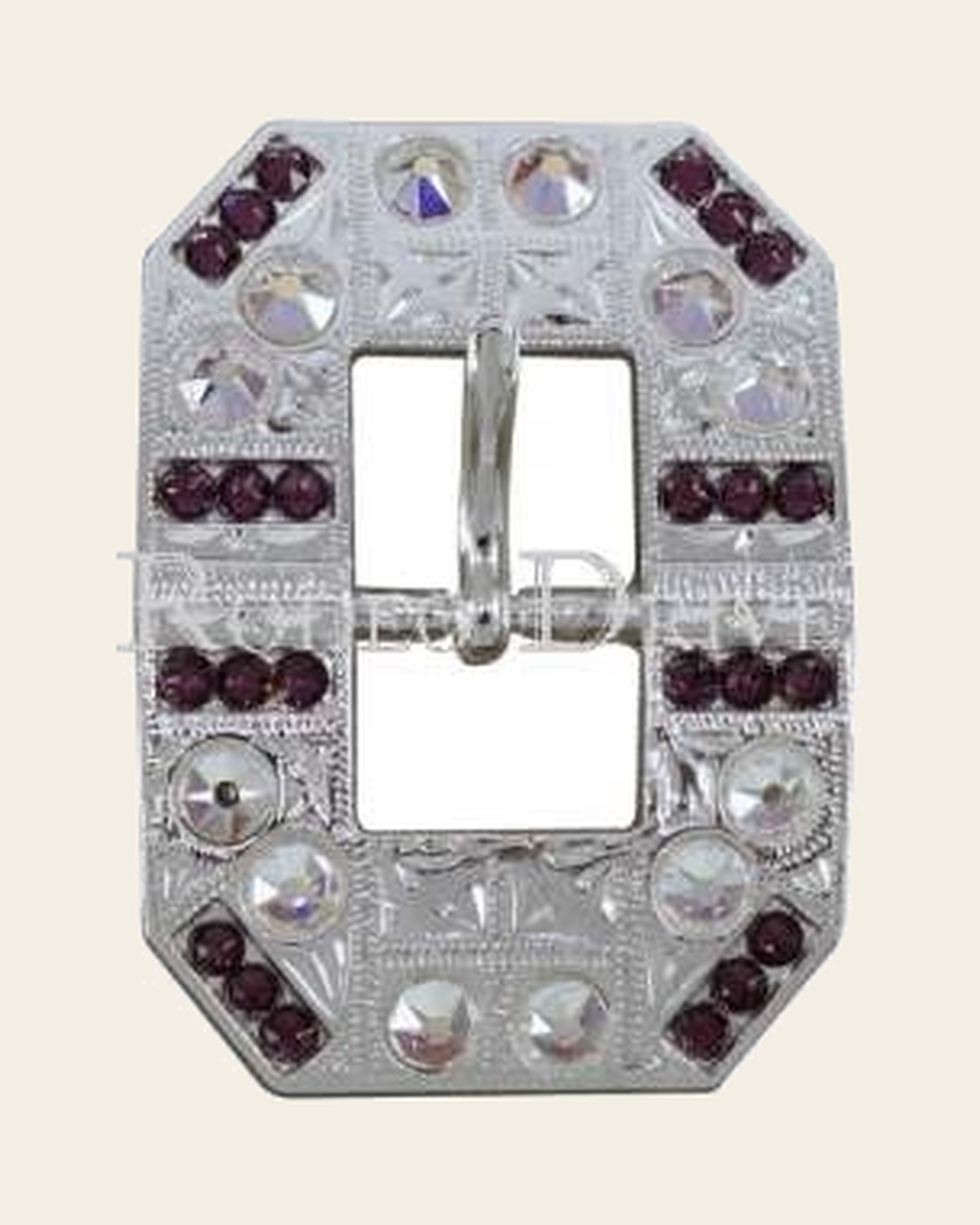 Purple & AB Bright Silver European Crystal Square Cart Buckle on a warm cream background