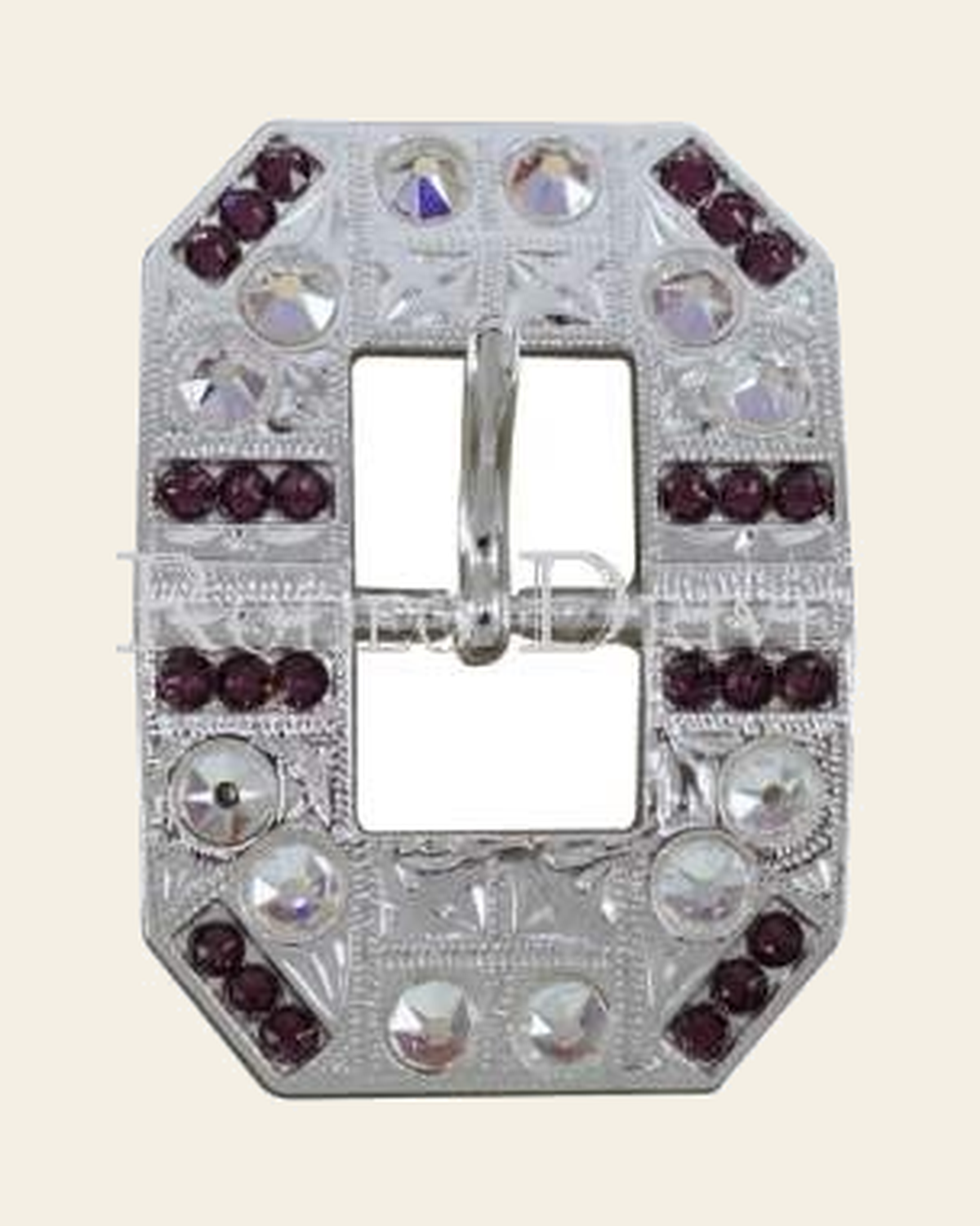 Purple & AB Bright Silver European Crystal Square Cart Buckle on a warm cream background