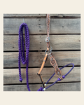 Purple Floral Tooled Lariat & Leather Combo Halter on a warm cream background