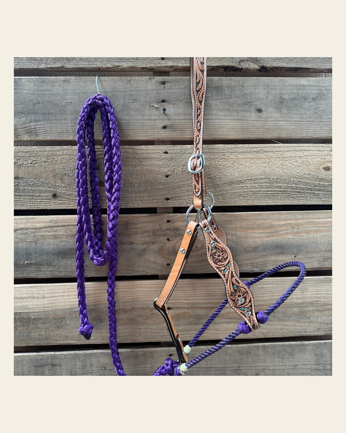 Purple Floral Tooled Lariat & Leather Combo Halter on a warm cream background