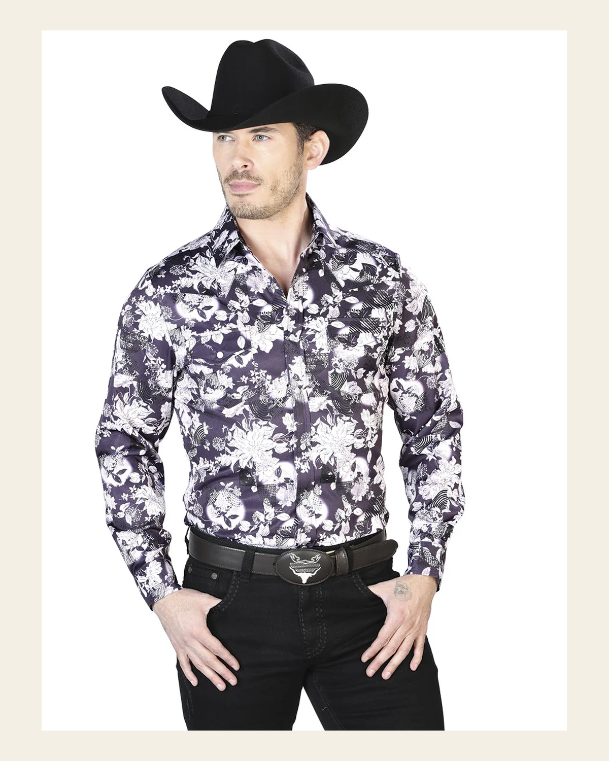Purple Flower Print Long Sleeve Shirt 43948 on a warm cream background