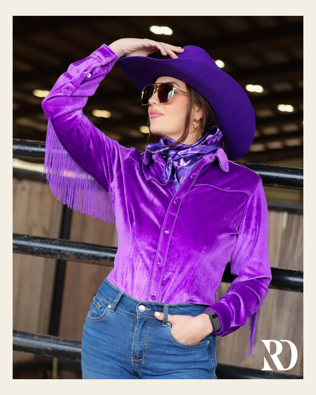 Purple Fringe Velvet Performance Rodeo Shirt on a warm cream background