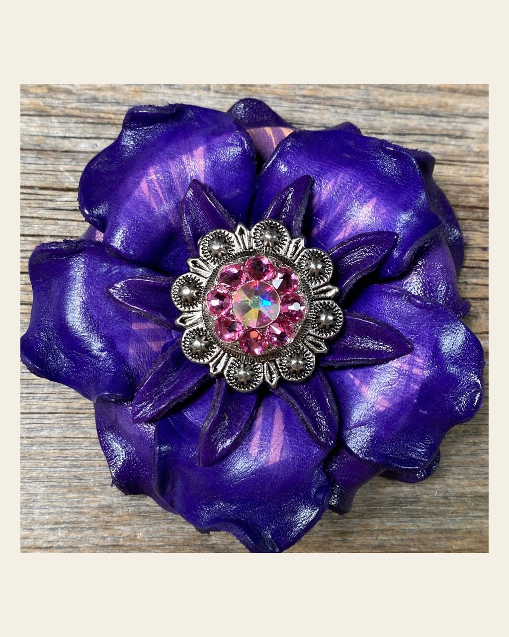 Purple Gardenia Flower With Antique Silver Pink & AB 1" Concho on a warm cream background