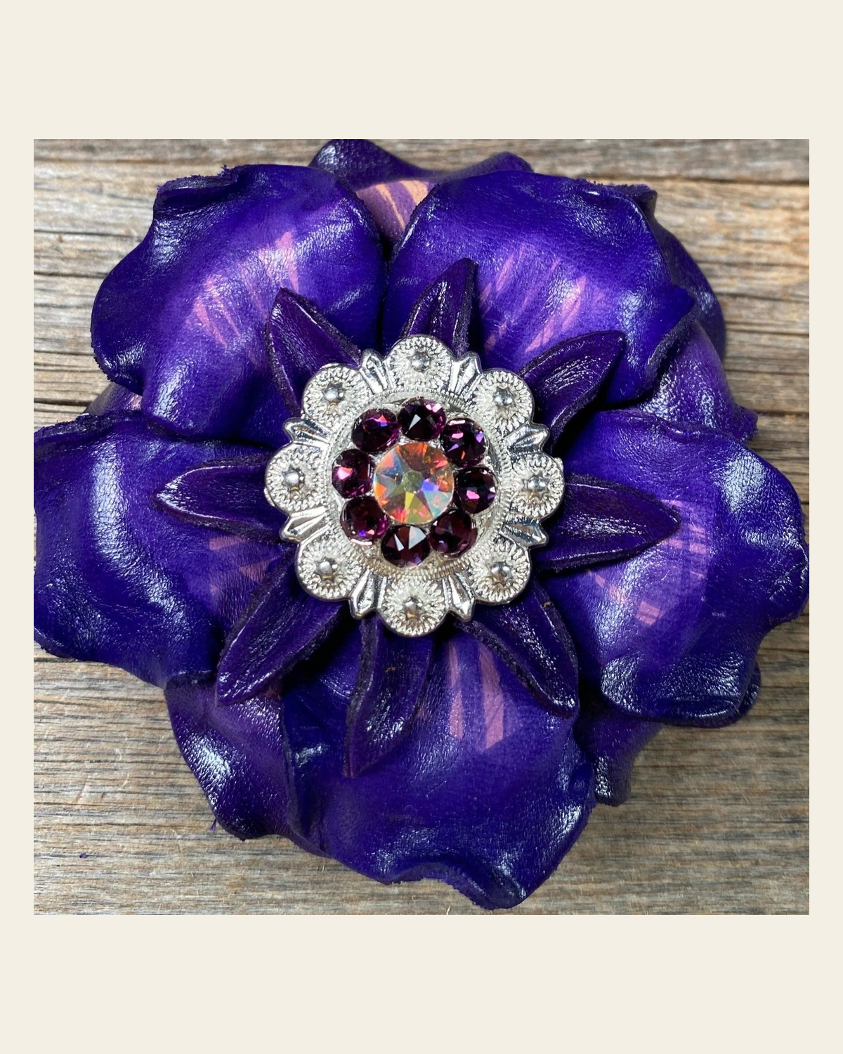 Purple Gardenia Flower With Bright Silver Amethyst & AB 1" Concho on a warm cream background