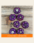 Purple Gardenia Leather Flowers - 1" Crystal Conchos - Options on a warm cream background