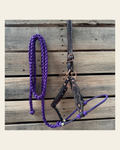 Purple Honeycomb Tooled Lariat & Leather Combo Halter on a warm cream background