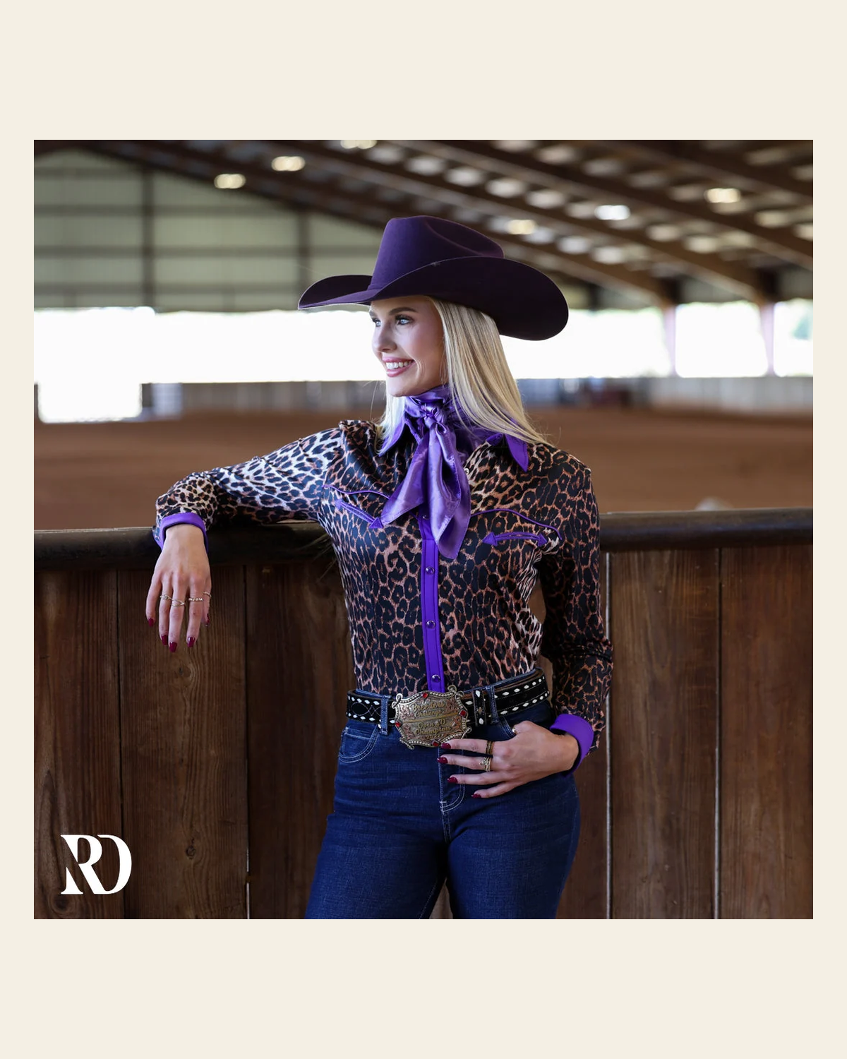 Purple Leopard Performance Rodeo Shirt on a warm cream background