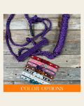 Rose - Purple Mule Tape Halter on a warm cream background