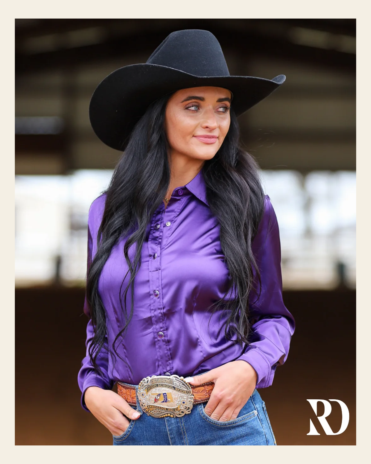Purple Satin Performance Rodeo Shirt on a warm cream background