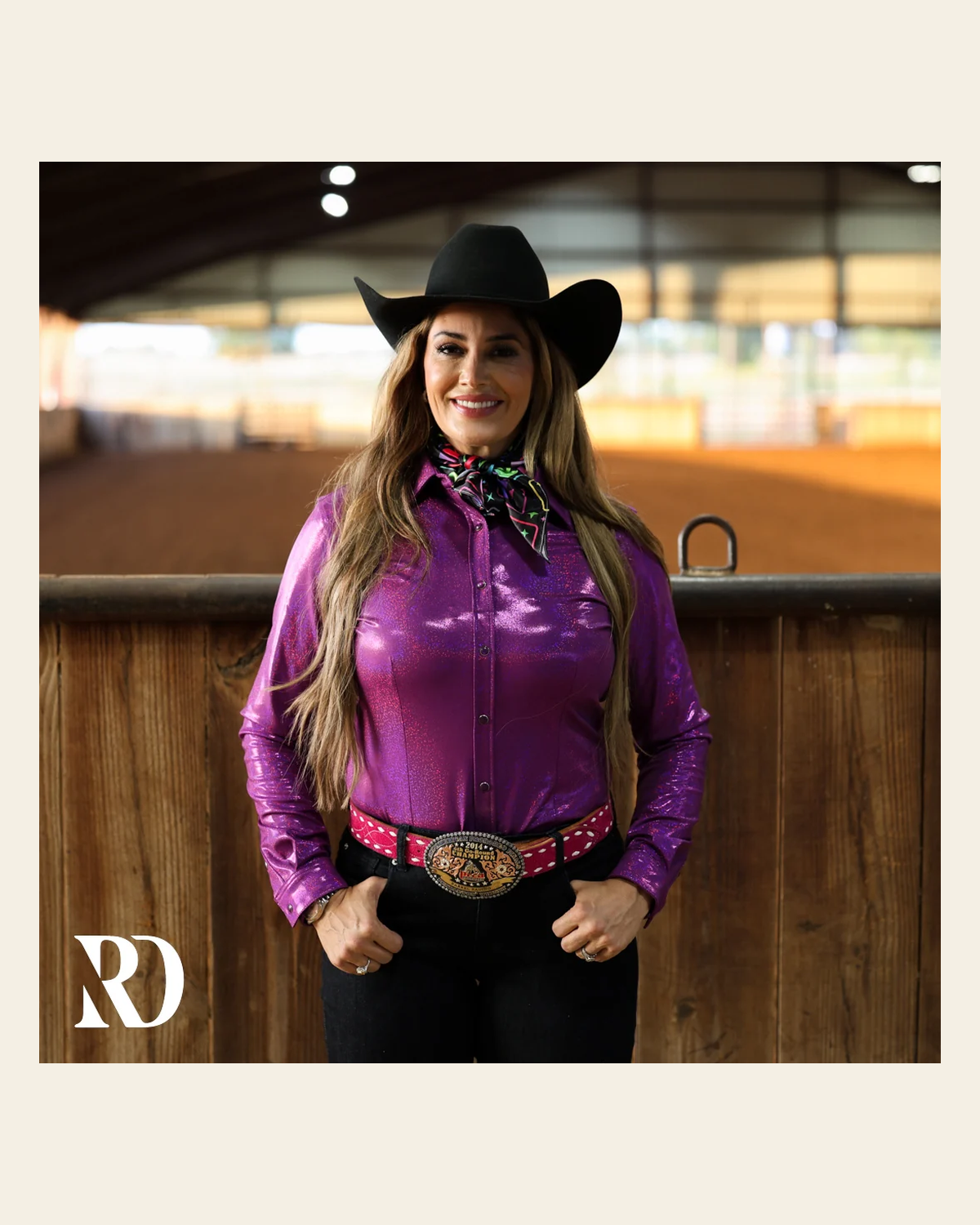 Purple Sparkle Performance Rodeo Shirt on a warm cream background