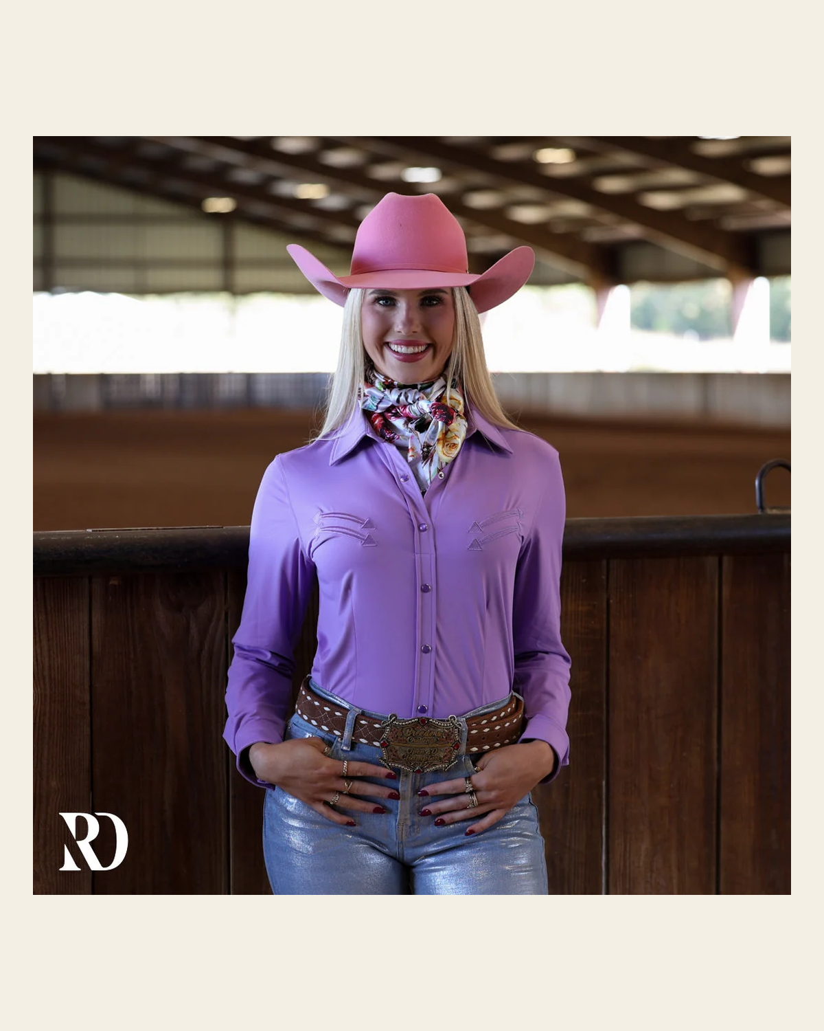 Purple Stitched Performance Rodeo Shirt on a warm cream background