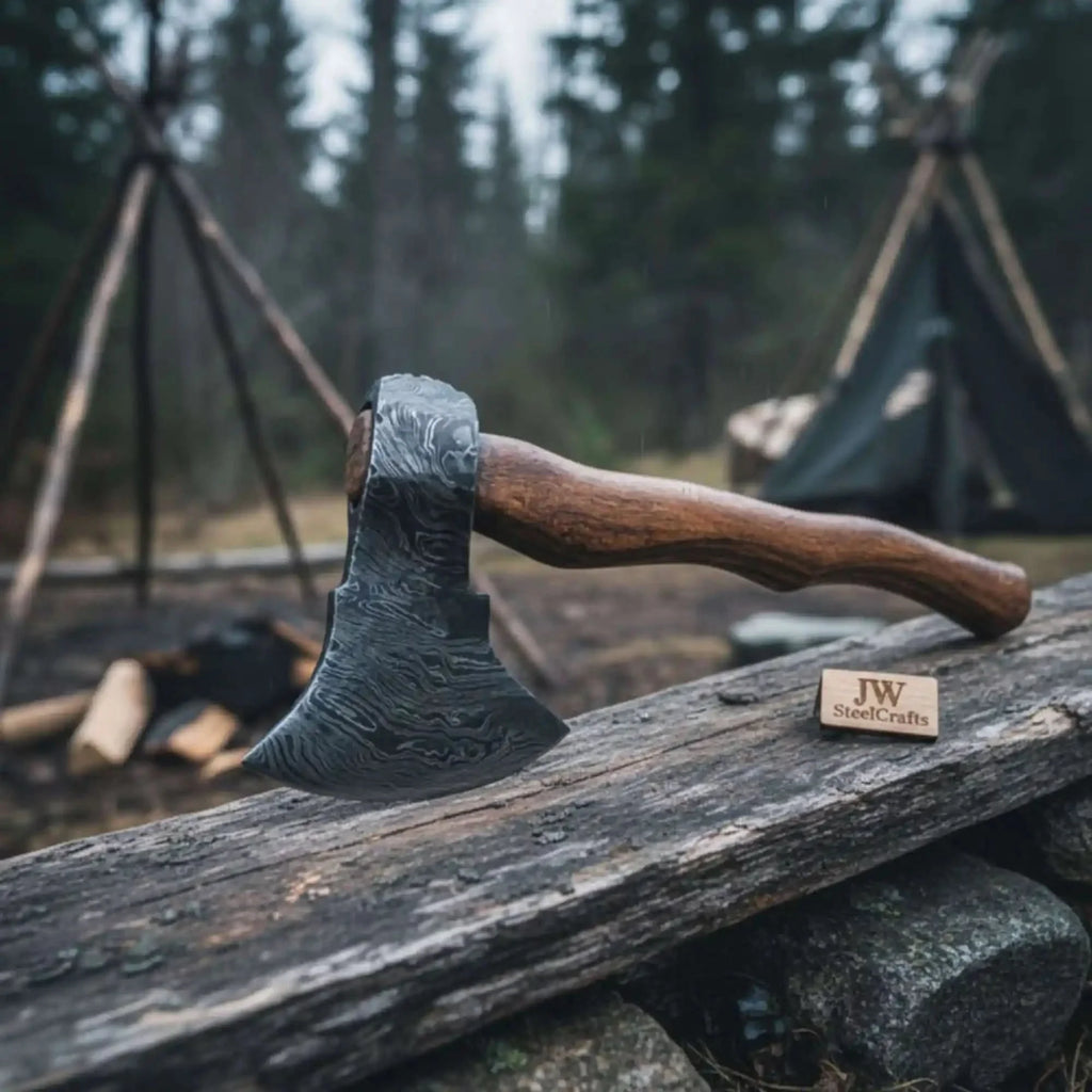 Damascus Scandinavian Carving Axe with Curved Hardwood Handle