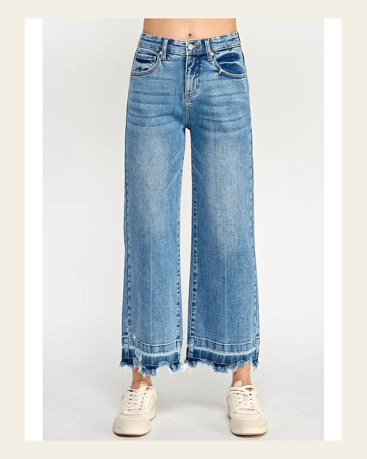 Quinn Raw Hem Denim | Jeans on a warm cream background
