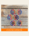 Rainbow Flower Rhinestone Rosette - Assorted Conchos on a warm cream background
