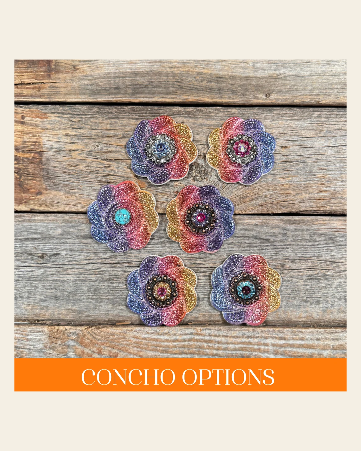 Rainbow Flower Rhinestone Rosette - Assorted Conchos on a warm cream background