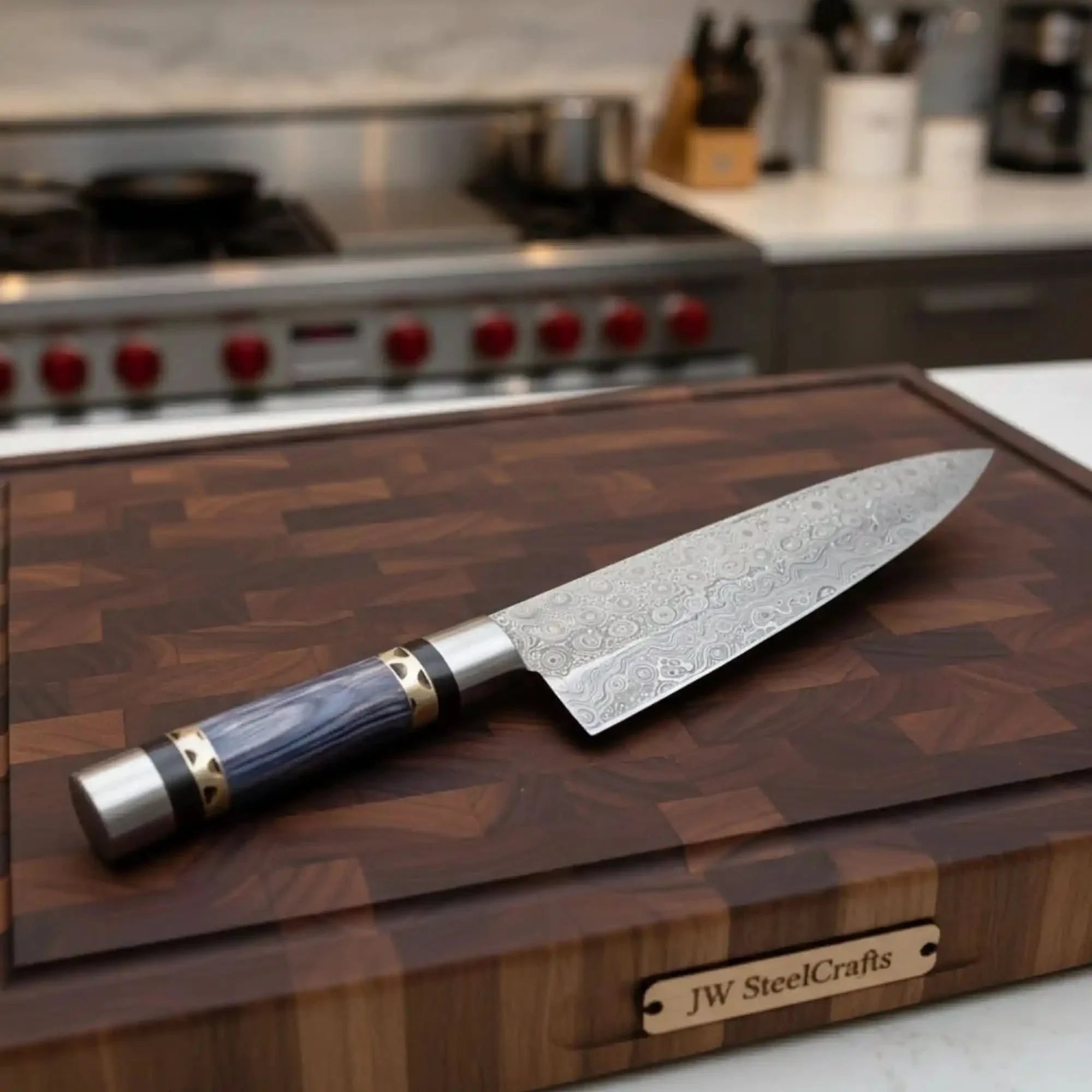 11" Raindrop Damascus Chef Knife — 6" Blade, Purple Pakka Wood Handle with Brass Spacer & Steel Pommel