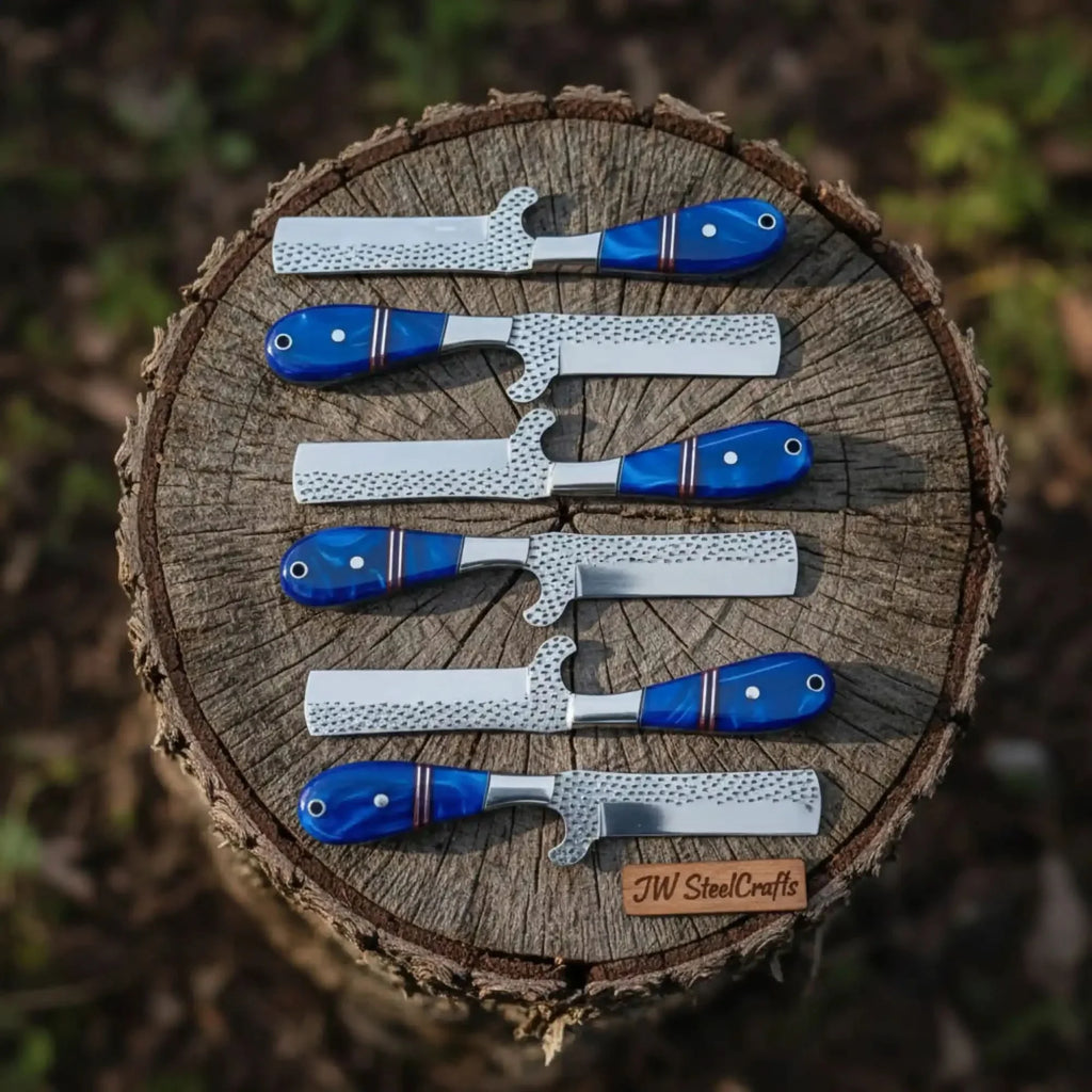 Handmade 6-Piece Ranch Bull Cutter Knife Set with Blue Resin Handles