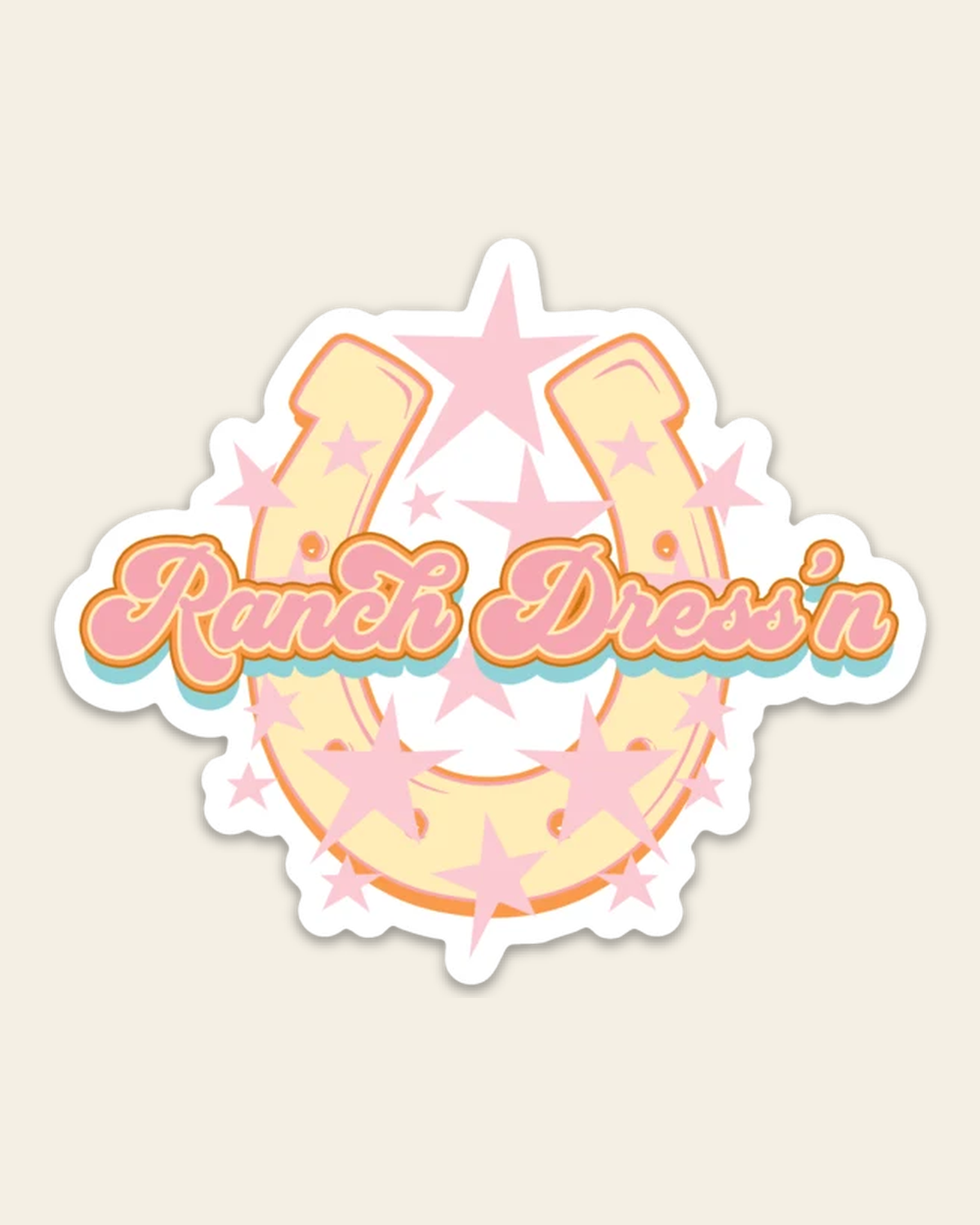 Ranch Dress'n Horse Shoe Sticker on a warm cream background
