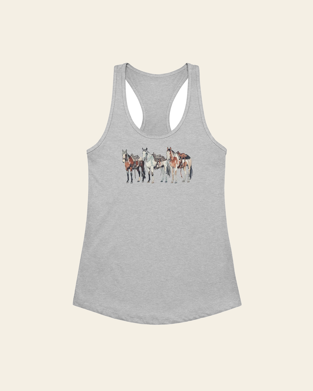 Ranch Horse Trio Women’s Fitted Racerback Tank Top on a warm cream background
