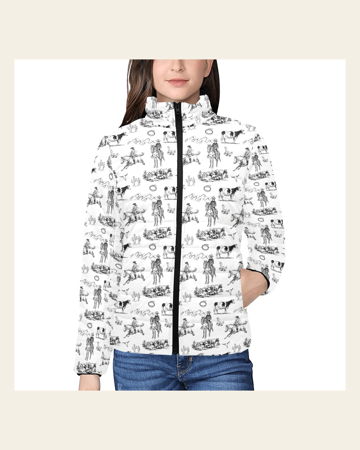 Ranch Life Women's Puffy Bomber Jacket on a warm cream background