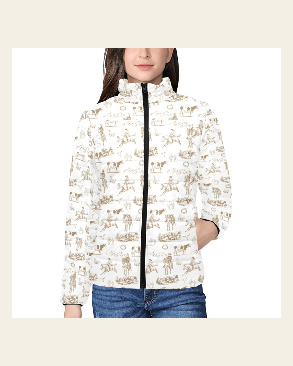 Ranch Life Women's Puffy Bomber Jacket on a warm cream background