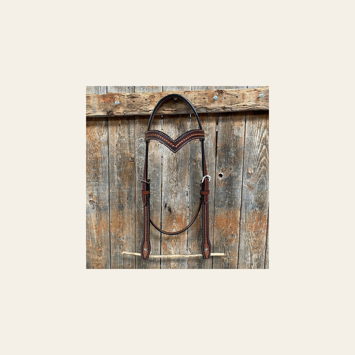 Foxtail Tooling Two Tone V-Browband Headstall / Bridle #24335 on a warm cream background