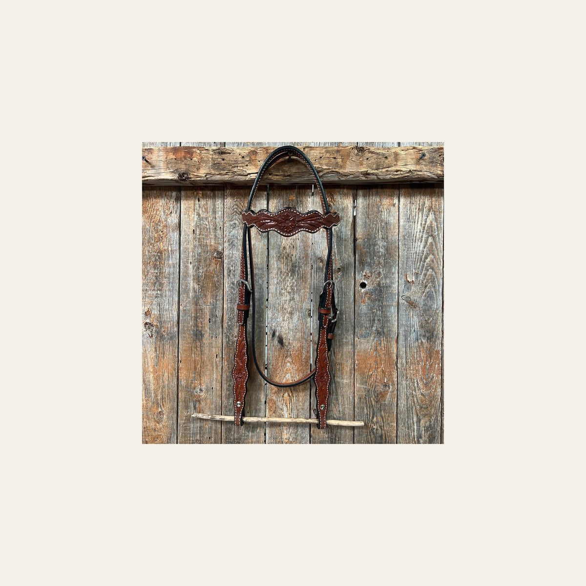 Floral Scalloped Medium Oil Browband Headstall / Bridle on a warm cream background