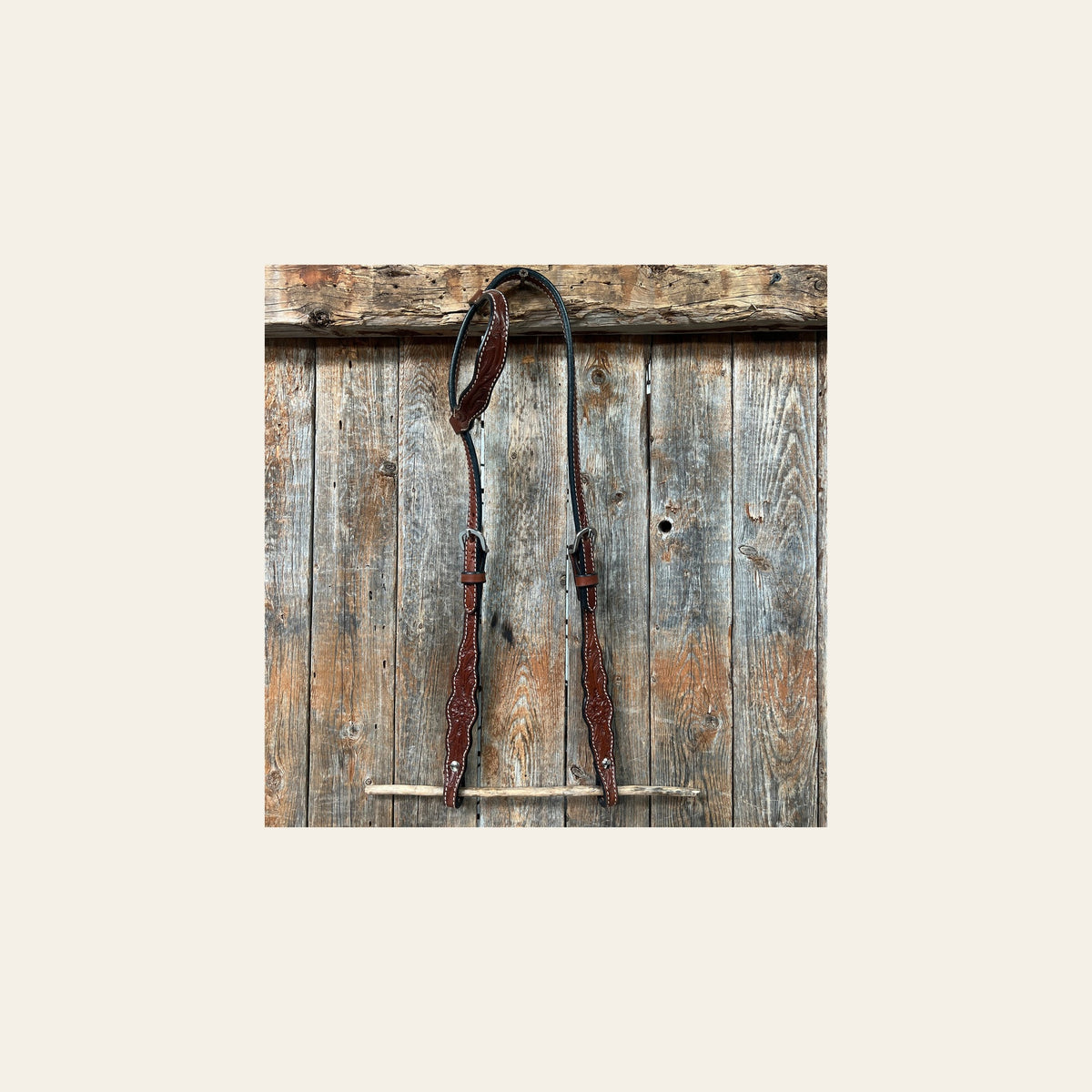 Floral Scalloped Medium Oil One Ear Headstall / Bridle on a warm cream background