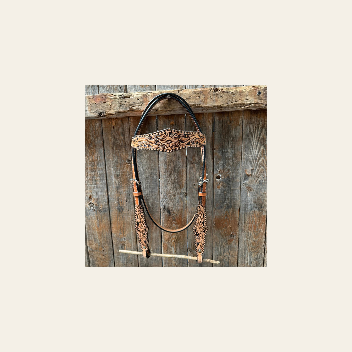 Light Oil Floral Whipstitch Browband Headstall / Bridle #24386 on a warm cream background