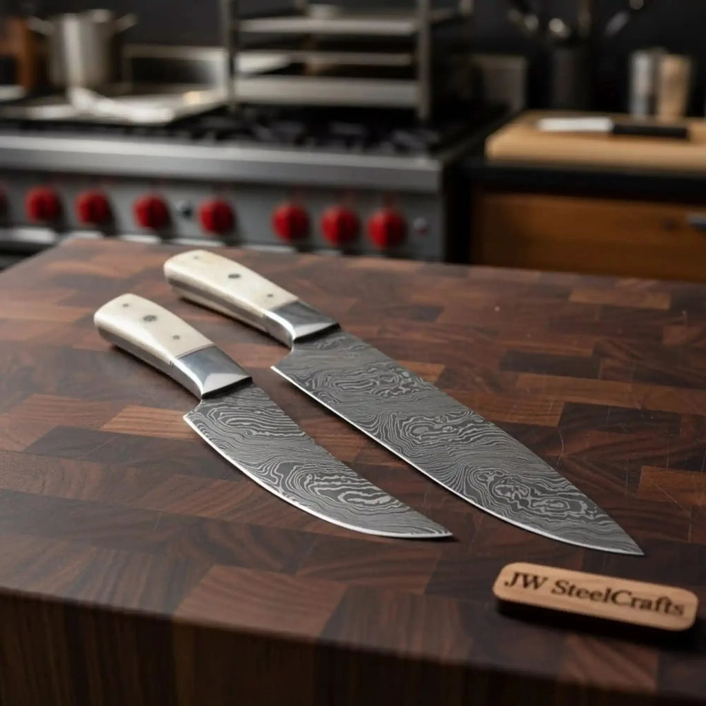2-Piece Damascus Chef Knife Set — 10 & 8 Inch Wave Pattern Blades, White Camel Bone Handles & Steel Bolsters | JW Steel Crafts