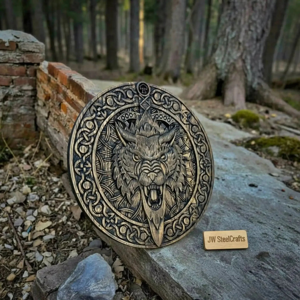 Handcrafted Viking Shield and Engraved Axe Set with Raven Motif and Norse Knotwork