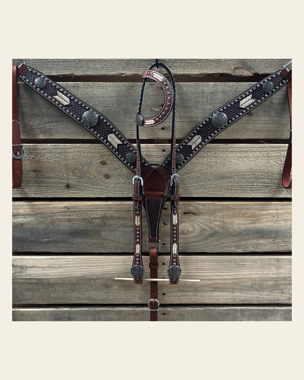 Rawhide Antique Silver Engraved Floral Western Conchos One Ear and Breastcollar Tack Set #OEBC632 on a warm cream background