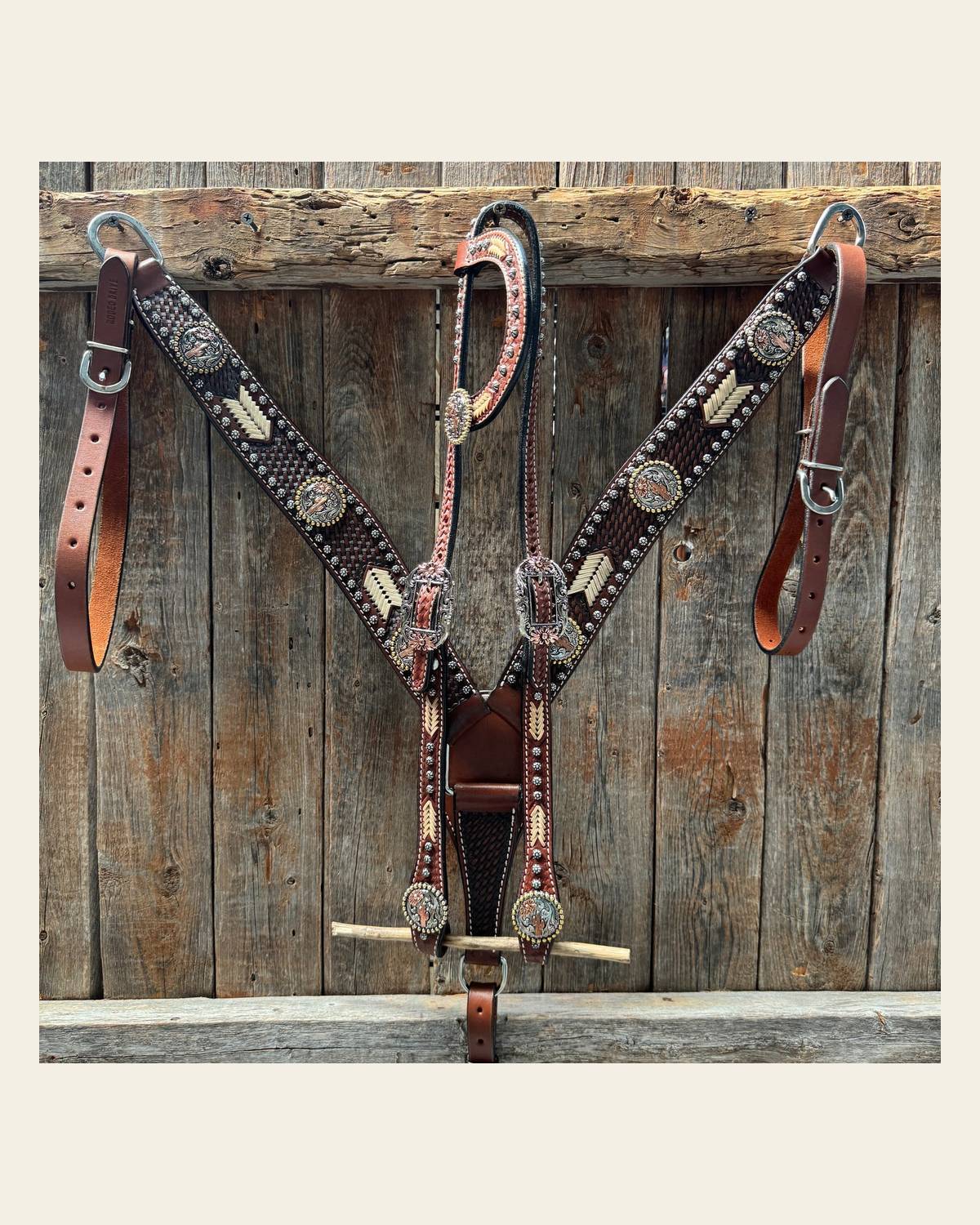 Rawhide Cactus and Flower One Ear Headstall and Breastcollar Tack Set #OEBC403 on a warm cream background