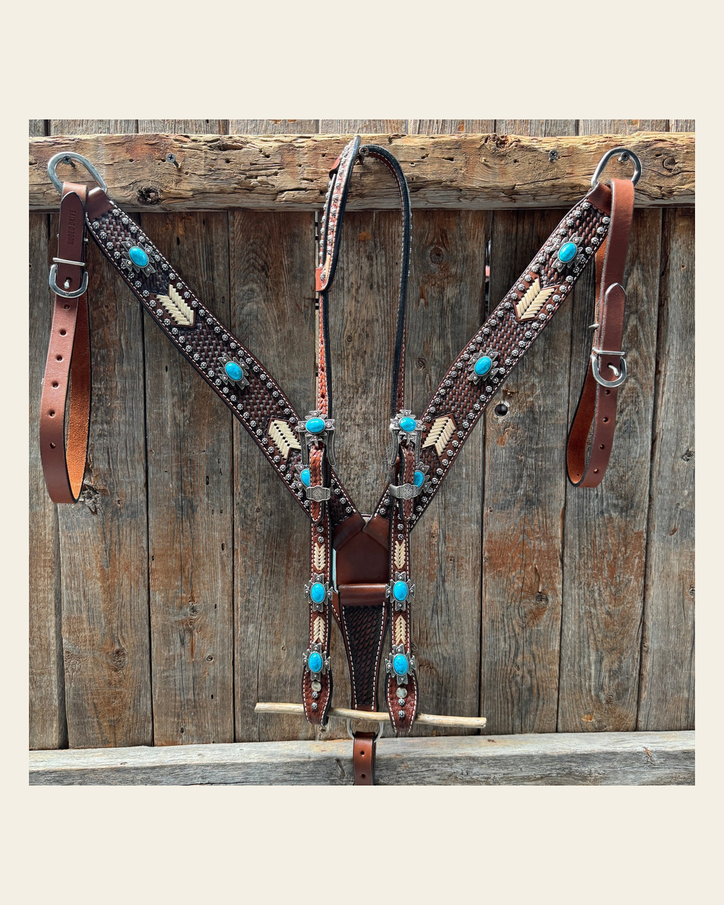 Rawhide South West One Ear Headstall and Breastcollar Tack Set #OEBC409 on a warm cream background