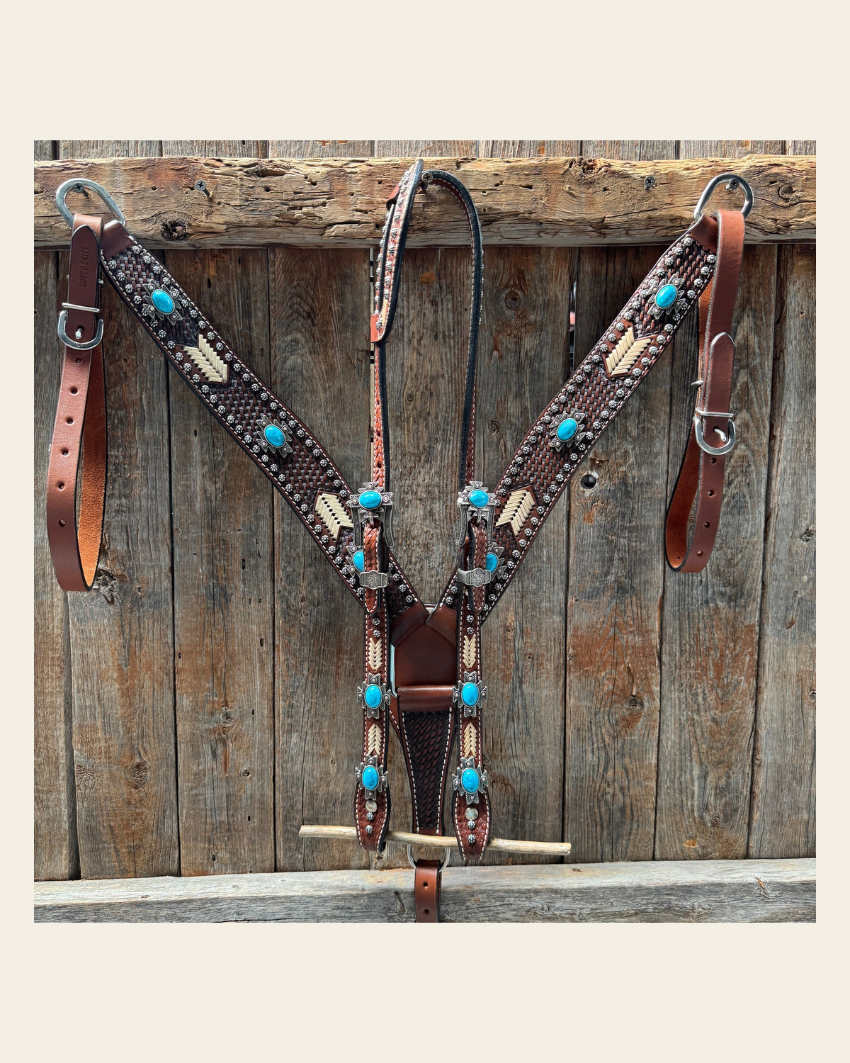Rawhide South West One Ear Headstall and Breastcollar Tack Set #OEBC409 on a warm cream background