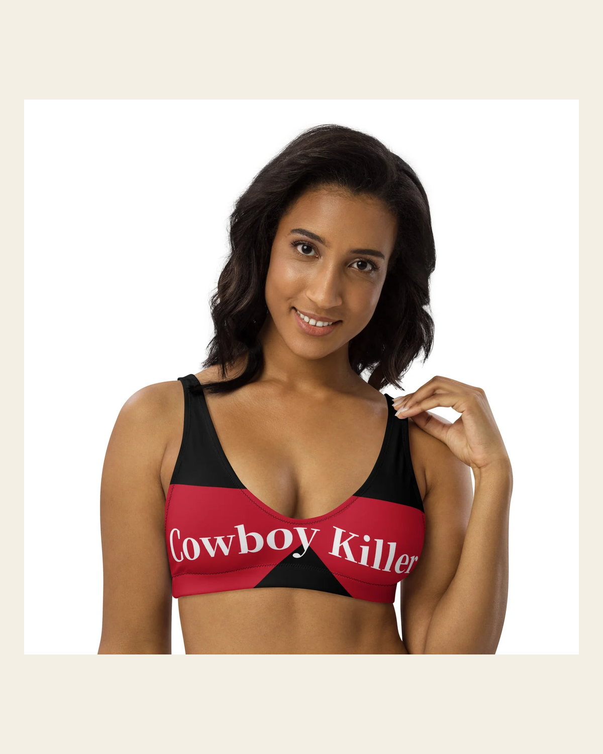 Ready to Ship Yeehaw Cowboy Killer Bikini Top Size Medium on a warm cream background