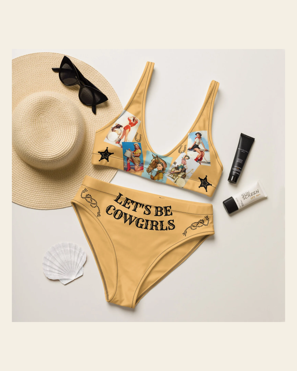 Ready To Ship Yeehaw Let's Be Cowgirls Bikini Size XL on a warm cream background