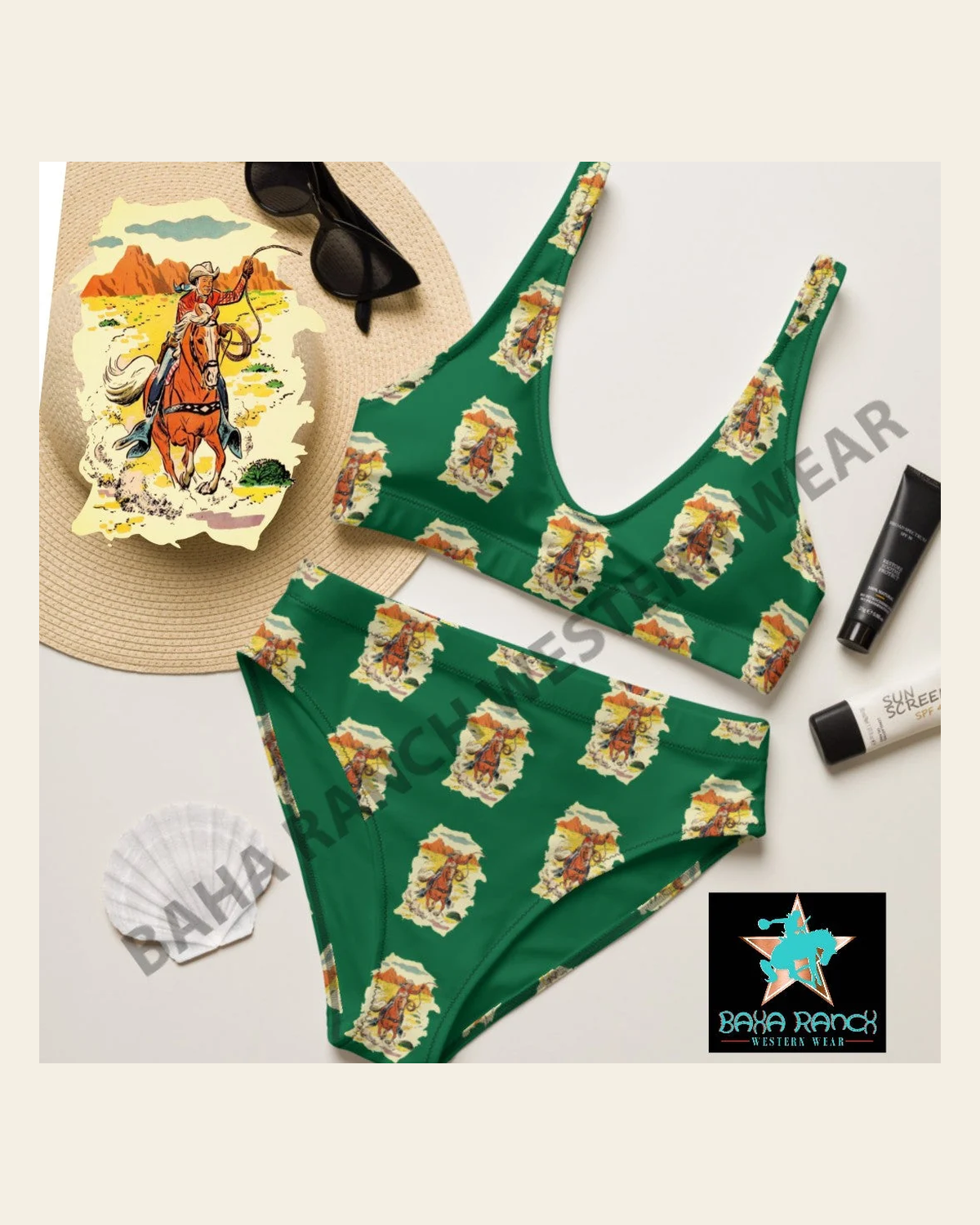 Ready To Ship Yeehaw Ride Em Cowboy Bikini Size XL on a warm cream background
