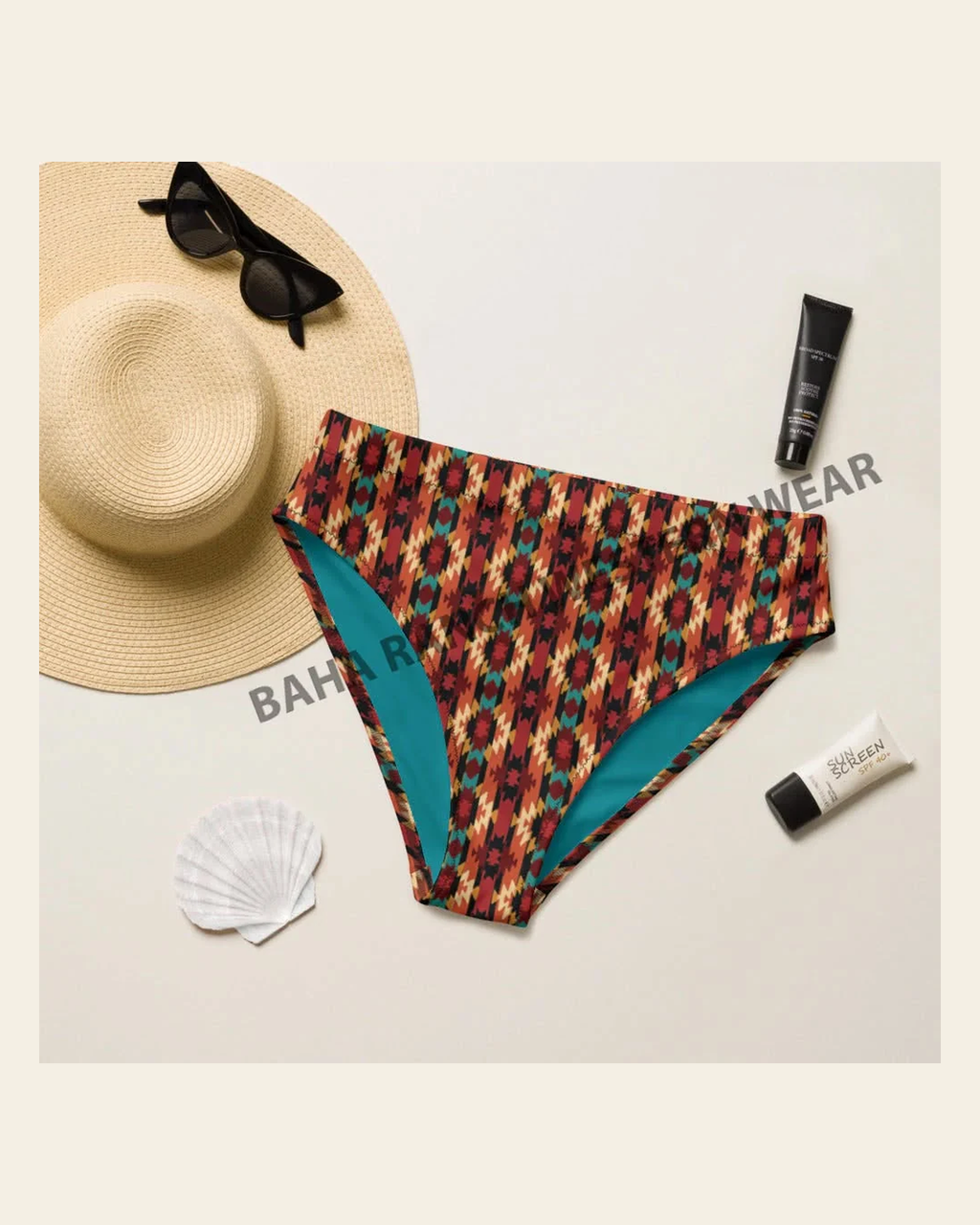 Ready to Ship Yeehaw Rust Aztec Bikini Bottom size XL on a warm cream background