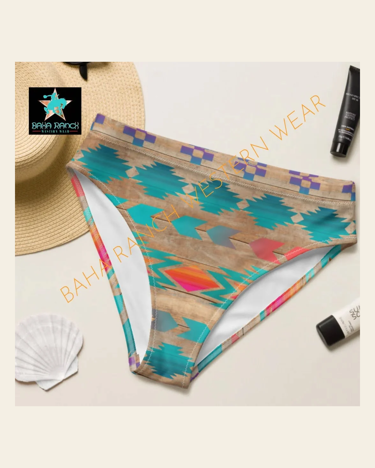 Ready to Ship Yeehaw Sunset Aztec Print Bikini Bottom LARGE on a warm cream background