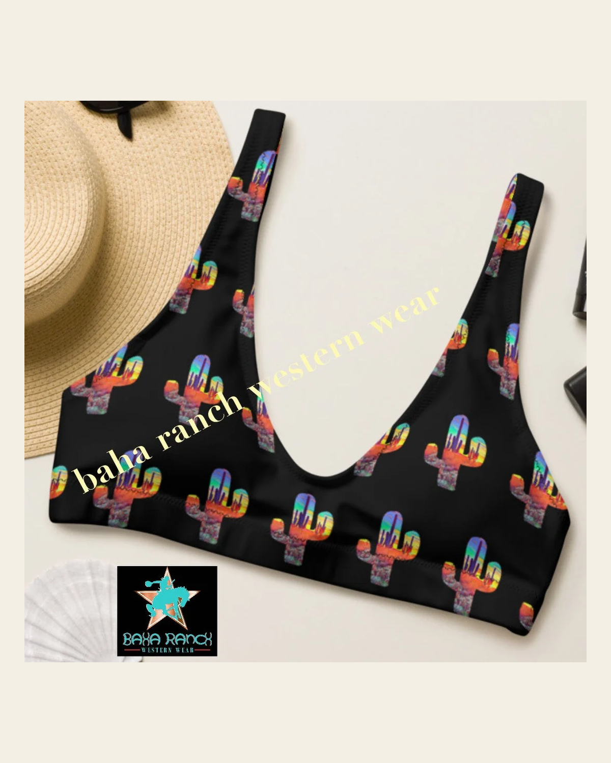 Ready To Ship Yeehaw Sunset Desert Bikini Top Medium on a warm cream background