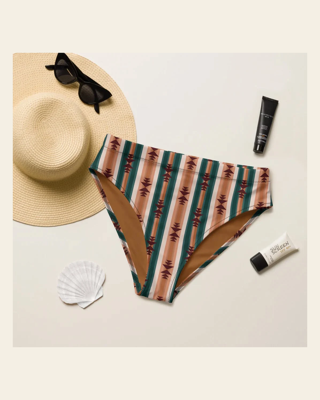 Ready to Ship Yeehaw Tan serape Print Bikini Bottom MEDIUM on a warm cream background