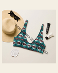 Ready to Ship Yeehaw Teal Aztec Bikini Top size Large on a warm cream background