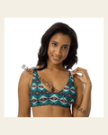 Ready to Ship Yeehaw Teal Burgandy Aztec Bikini Top Size LARGE on a warm cream background