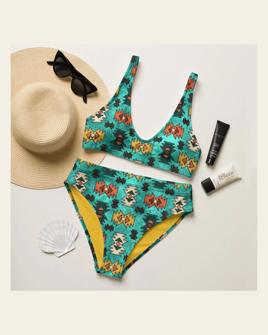 READY TO SHIP Yeehaw Turquoise Aztec Bikini SIZE MEDIUM on a warm cream background