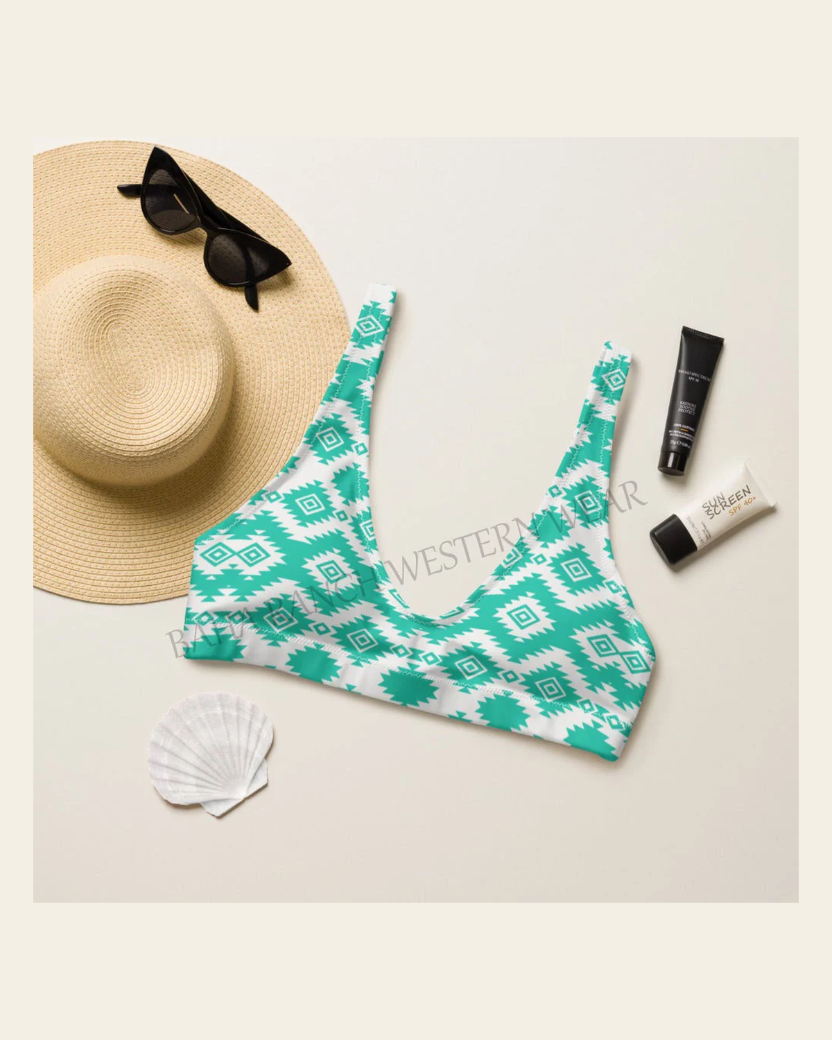 Ready to Ship Yeehaw Turquoise Aztec Bikini Top Size Medium on a warm cream background