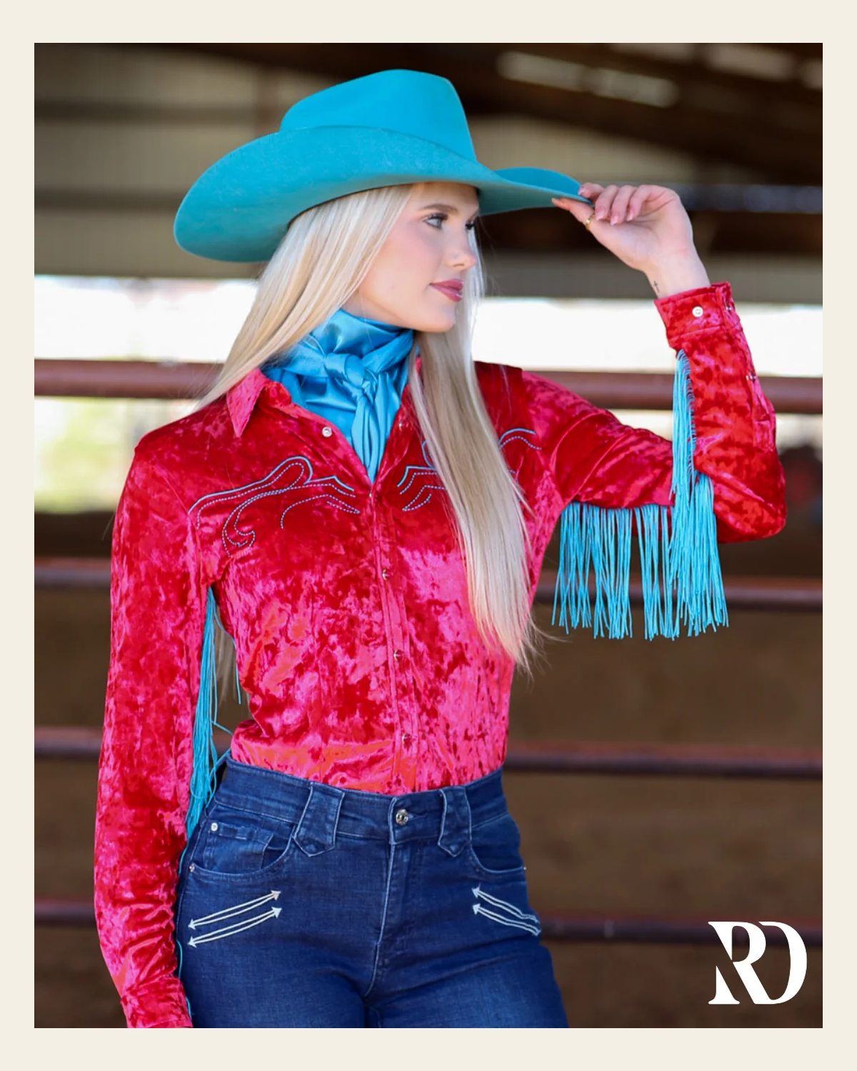 Reba Velvet Fringe Performance Rodeo Shirt on a warm cream background
