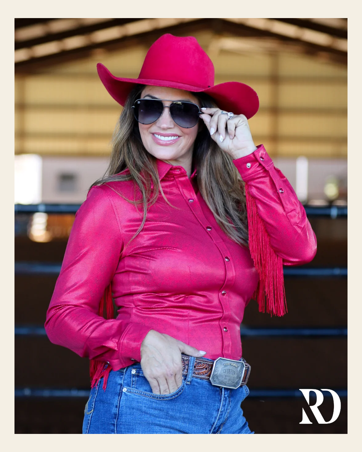 Rebel Sparkle & Fringe Performance Rodeo Shirt on a warm cream background