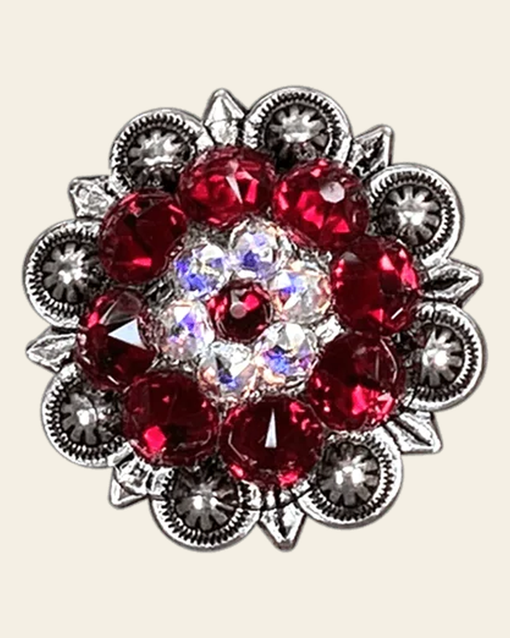 Red & AB Antique Silver 1.25" European Crystal Concho on a warm cream background